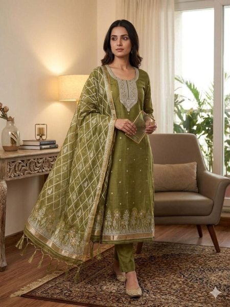 Modish Green Jamdani Cotton Dress Material with Pichwai Work for Traditional Wear 