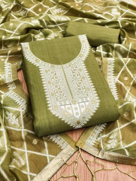 Modish Green Jamdani Cotton Dress Material with Pichwai Work for Traditional Wear Cotton Dress Material