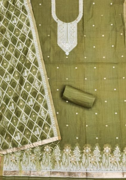 Modish Green Jamdani Cotton Dress Material with Pichwai Work for Traditional Wear Cotton Dress Material