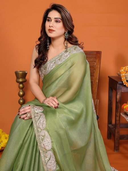Modish Green Stylish Chiffon Saree with Gota Patti Work for Women at Best Price Embroidery Sarees Wholesale