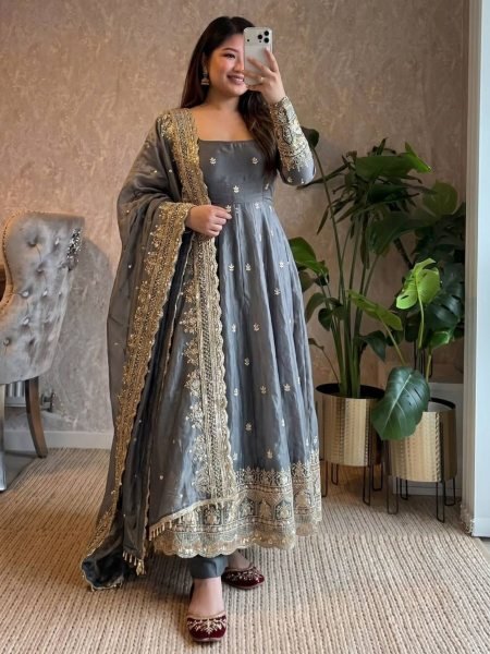 Modish Grey Two Tone Fandy Silk Full Length Gown Set with Heavy Sequins Embroidery 