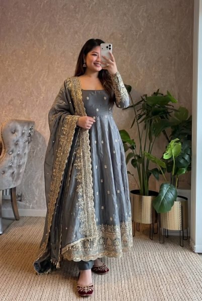 Modish Grey Two Tone Fandy Silk Full Length Gown Set with Heavy Sequins Embroidery Ready To Wear Collection