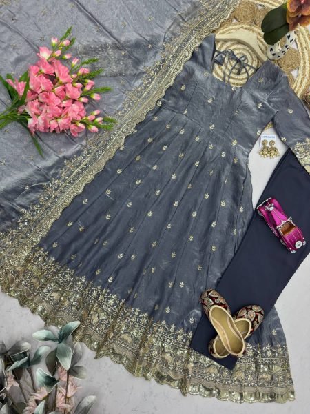 Modish Grey Two Tone Fandy Silk Full Length Gown Set with Heavy Sequins Embroidery Ready To Wear Collection