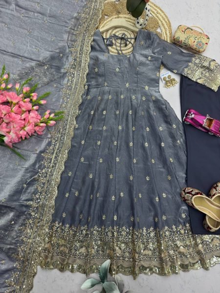 Modish Grey Two Tone Fandy Silk Full Length Gown Set with Heavy Sequins Embroidery Ready To Wear Collection