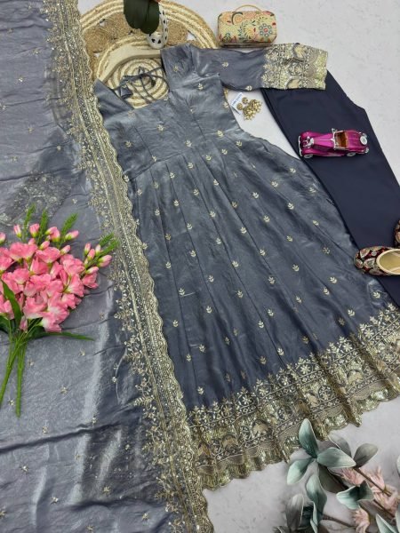 Modish Grey Two Tone Fandy Silk Full Length Gown Set with Heavy Sequins Embroidery Ready To Wear Collection