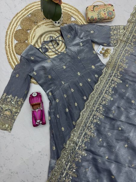 Modish Grey Two Tone Fandy Silk Full Length Gown Set with Heavy Sequins Embroidery Ready To Wear Collection