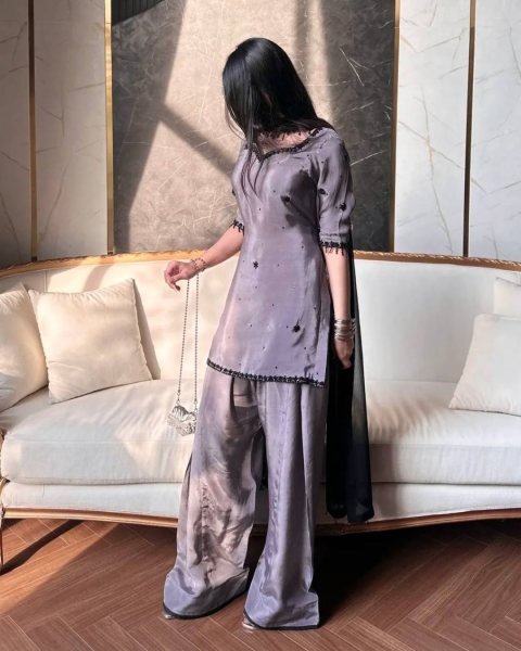 Modish lavender Sequence Multi Needle Embroidery Work Top with Farshi Salwar And Bids Hand Work fancy Less border Dupatta Ready To Wear Suit