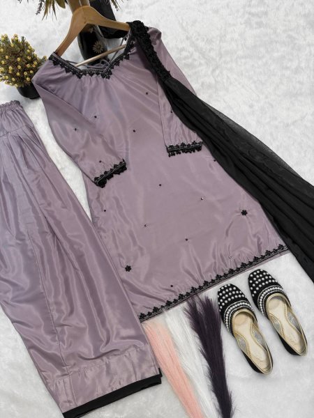 Modish lavender Sequence Multi Needle Embroidery Work Top with Farshi Salwar And Bids Hand Work fancy Less border Dupatta Ready To Wear Collection