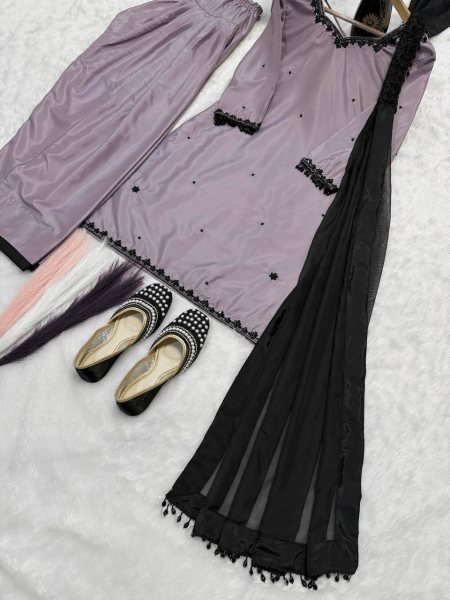 Modish lavender Sequence Multi Needle Embroidery Work Top with Farshi Salwar And Bids Hand Work fancy Less border Dupatta Ready To Wear Collection