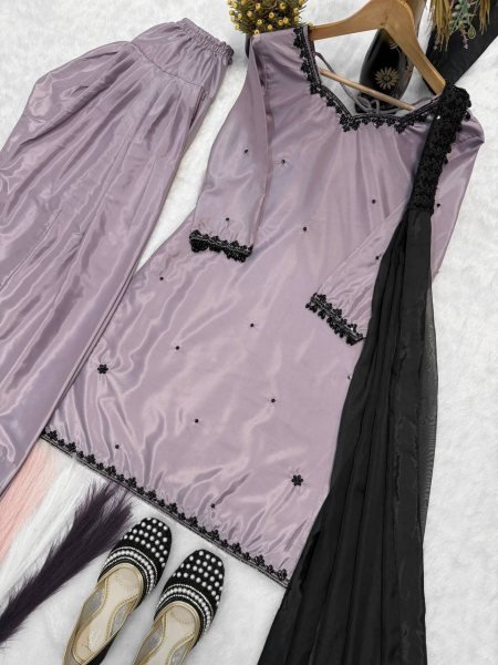 Modish lavender Sequence Multi Needle Embroidery Work Top with Farshi Salwar And Bids Hand Work fancy Less border Dupatta Ready To Wear Collection