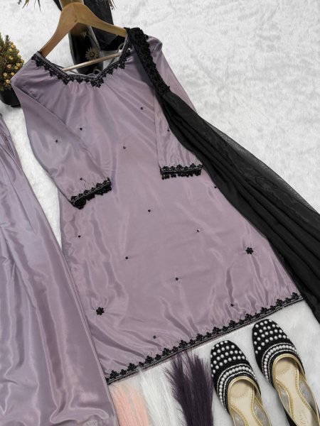 Modish lavender Sequence Multi Needle Embroidery Work Top with Farshi Salwar And Bids Hand Work fancy Less border Dupatta Ready To Wear Collection