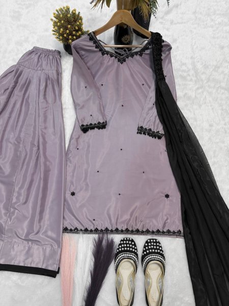 Modish lavender Sequence Multi Needle Embroidery Work Top with Farshi Salwar And Bids Hand Work fancy Less border Dupatta Ready To Wear Collection