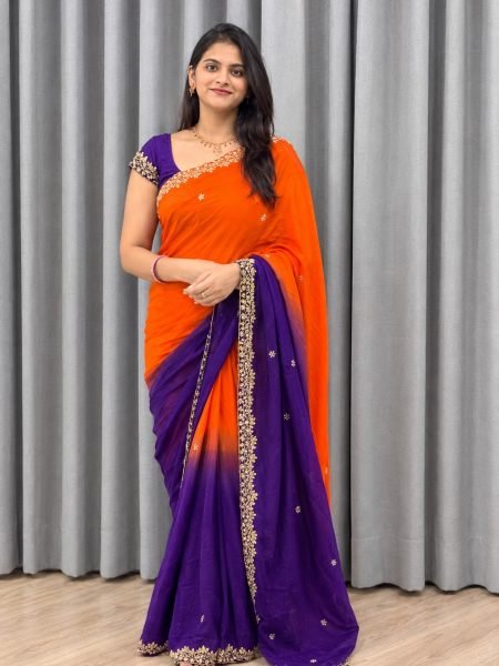 Modish Oange Purple Chinnon Saree with Heavy Sequin Embroidery at Festival Collection  