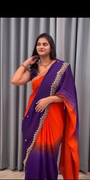 Modish Oange Purple Chinnon Saree with Heavy Sequin Embroidery at Festival Collection  Embroidery Sarees Wholesale
