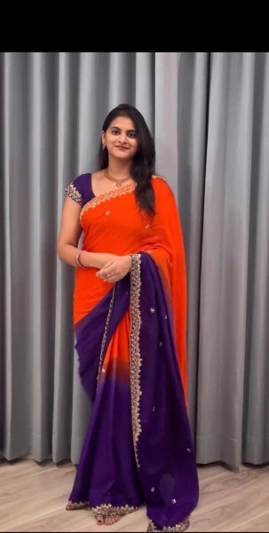 Modish Oange Purple Chinnon Saree with Heavy Sequin Embroidery at Festival Collection  Embroidery Sarees Wholesale