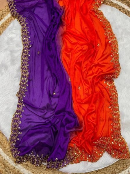 Modish Oange Purple Chinnon Saree with Heavy Sequin Embroidery at Festival Collection  Embroidery Sarees Wholesale