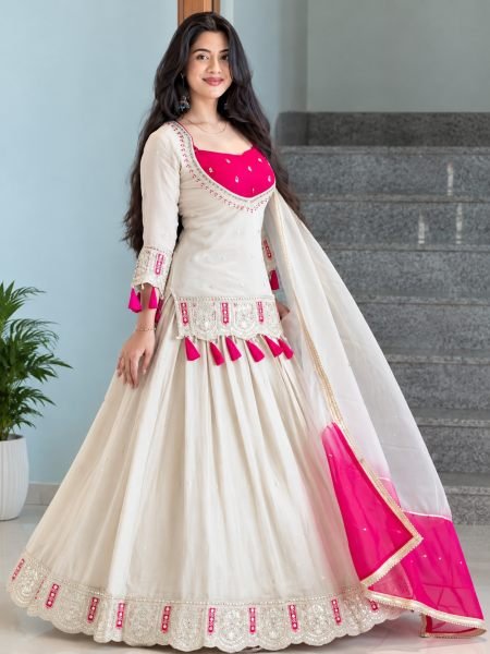 Modish OffWhite Designer Chinon Silk Top Blouse Lehenga Dupatta Set at Manufacturer  Ready To Wear Suit