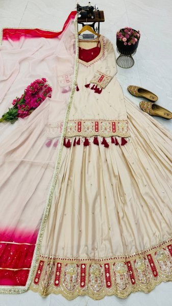 Modish OffWhite Designer Chinon Silk Top Blouse Lehenga Dupatta Set at Manufacturer  Ready To Wear Collection