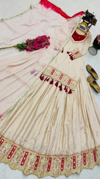 Modish OffWhite Designer Chinon Silk Top Blouse Lehenga Dupatta Set at Manufacturer  Ready To Wear Collection