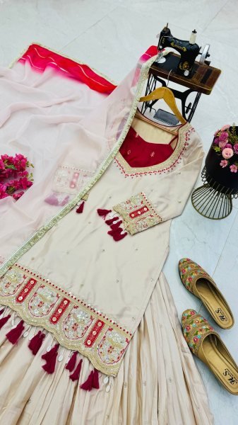 Modish OffWhite Designer Chinon Silk Top Blouse Lehenga Dupatta Set at Manufacturer  Ready To Wear Collection