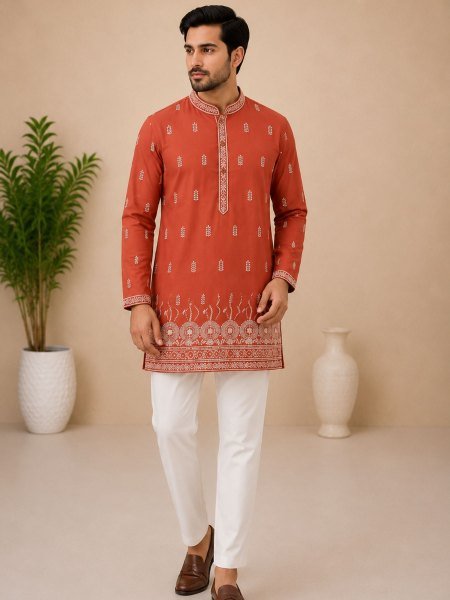Modish Orange Rayon Cotton Short Kurta with Full Sleeves and Both Side Embroidery Mens Wear