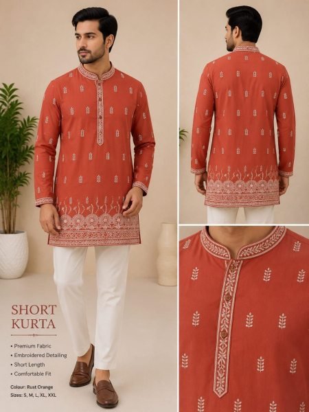 Modish Orange Rayon Cotton Short Kurta with Full Sleeves and Both Side Embroidery Mens Short Kurta