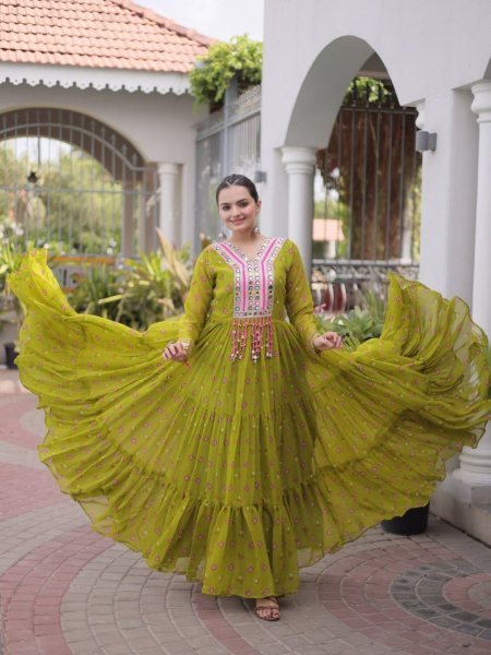 Modish Parrot Green Navratri Faux Georgette Gown with Laheriya Print and Kutchi Work Shop by Occasion