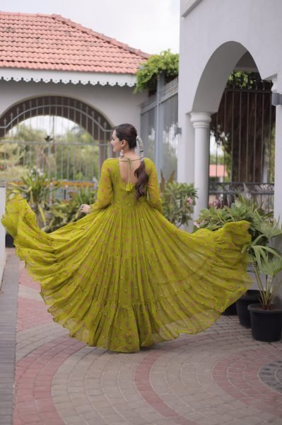 Modish Parrot Green Navratri Faux Georgette Gown with Laheriya Print and Kutchi Work Anarkali Kurtis 