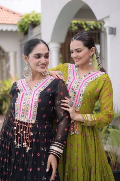 Modish Parrot Green Navratri Faux Georgette Gown with Laheriya Print and Kutchi Work Anarkali Kurtis 