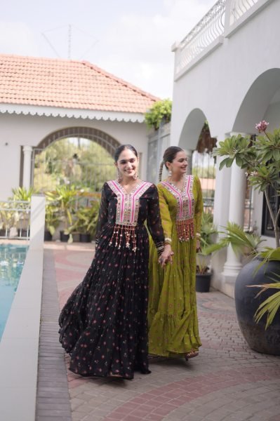 Modish Parrot Green Navratri Faux Georgette Gown with Laheriya Print and Kutchi Work Anarkali Kurtis 