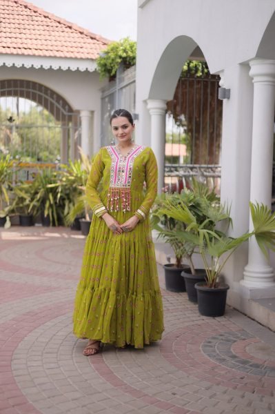 Modish Parrot Green Navratri Faux Georgette Gown with Laheriya Print and Kutchi Work Anarkali Kurtis 