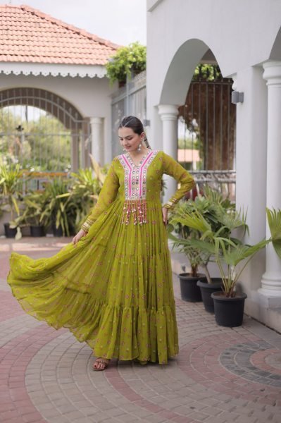 Modish Parrot Green Navratri Faux Georgette Gown with Laheriya Print and Kutchi Work Anarkali Kurtis 
