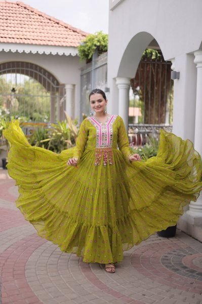 Modish Parrot Green Navratri Faux Georgette Gown with Laheriya Print and Kutchi Work Anarkali Kurtis 