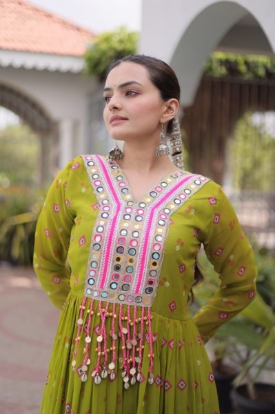 Modish Parrot Green Navratri Faux Georgette Gown with Laheriya Print and Kutchi Work Anarkali Kurtis 
