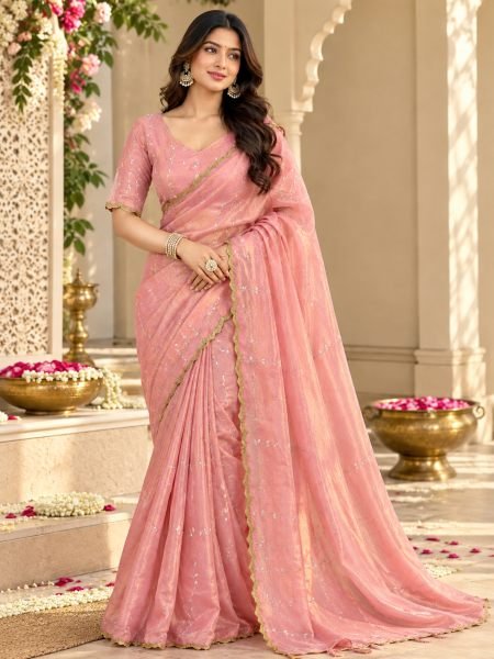 Modish Peach Fendy Silk Saree with Heavy Hand Work and Matching Blouse Sarees 