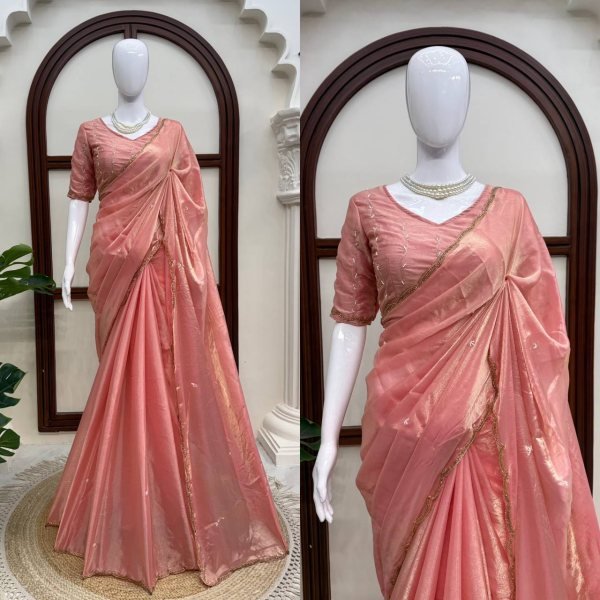 Modish Peach Fendy Silk Saree with Heavy Hand Work and Matching Blouse Silk Sarees Wholesale