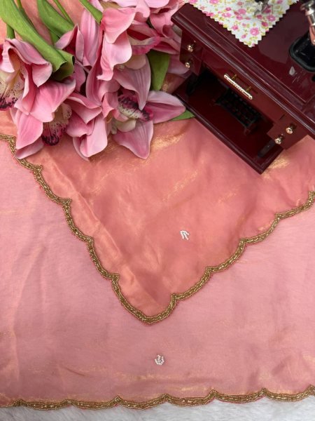 Modish Peach Fendy Silk Saree with Heavy Hand Work and Matching Blouse Silk Sarees Wholesale