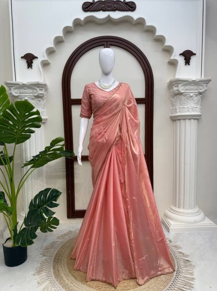 Modish Peach Fendy Silk Saree with Heavy Hand Work and Matching Blouse Silk Sarees Wholesale