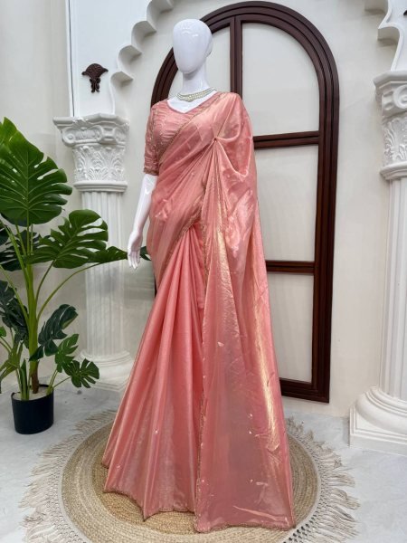 Modish Peach Fendy Silk Saree with Heavy Hand Work and Matching Blouse Silk Sarees Wholesale