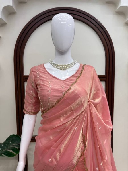 Modish Peach Fendy Silk Saree with Heavy Hand Work and Matching Blouse Silk Sarees Wholesale