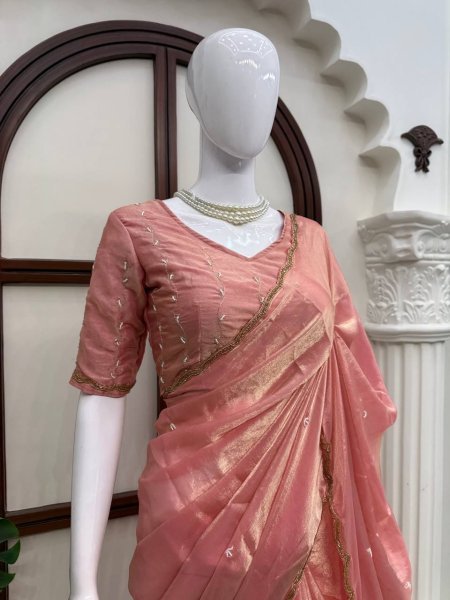Modish Peach Fendy Silk Saree with Heavy Hand Work and Matching Blouse Silk Sarees Wholesale