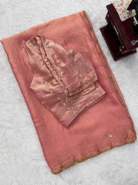 Modish Peach Fendy Silk Saree with Heavy Hand Work and Matching Blouse Silk Sarees Wholesale