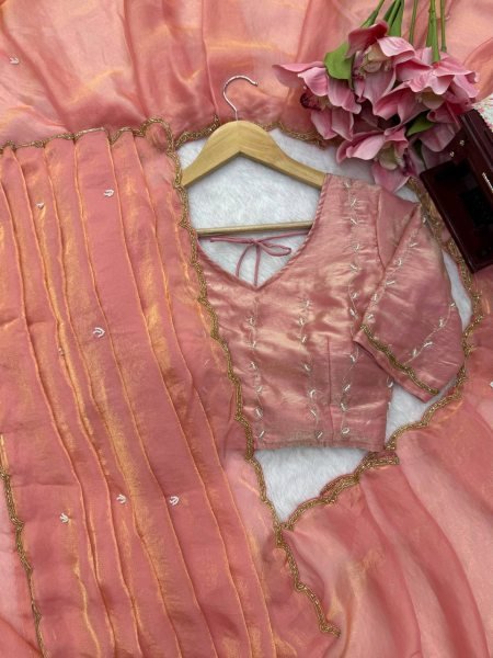 Modish Peach Fendy Silk Saree with Heavy Hand Work and Matching Blouse Silk Sarees Wholesale
