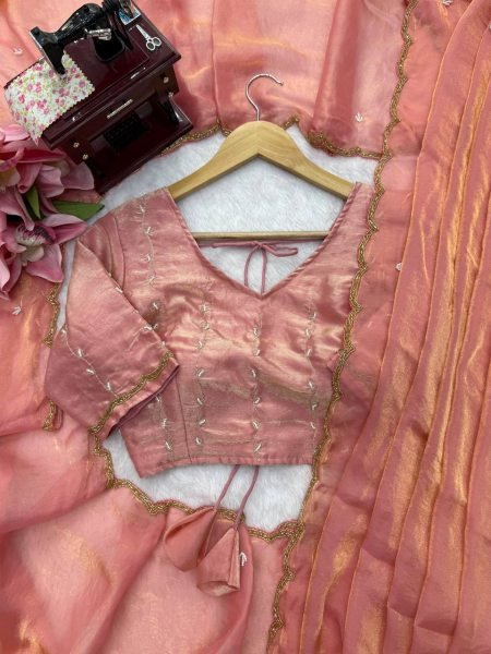Modish Peach Fendy Silk Saree with Heavy Hand Work and Matching Blouse Silk Sarees Wholesale