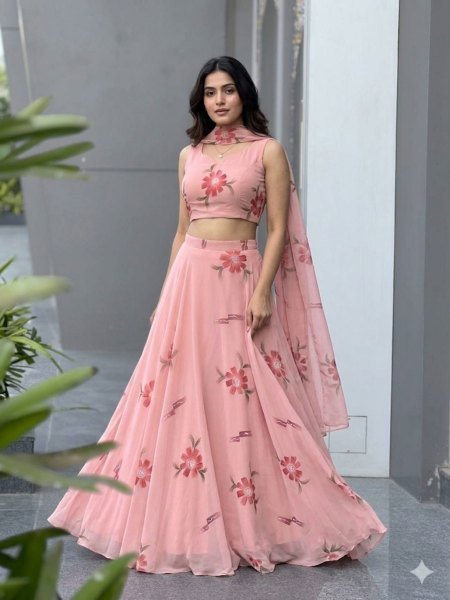 Modish Peach Premium Georgette Lehenga with Heavy Flare for Festive Wear  Lehenga