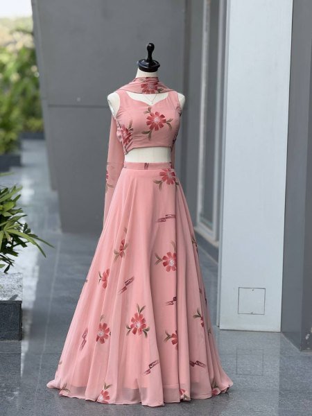 Modish Peach Premium Georgette Lehenga with Heavy Flare for Festive Wear Designer Lehenga Choli