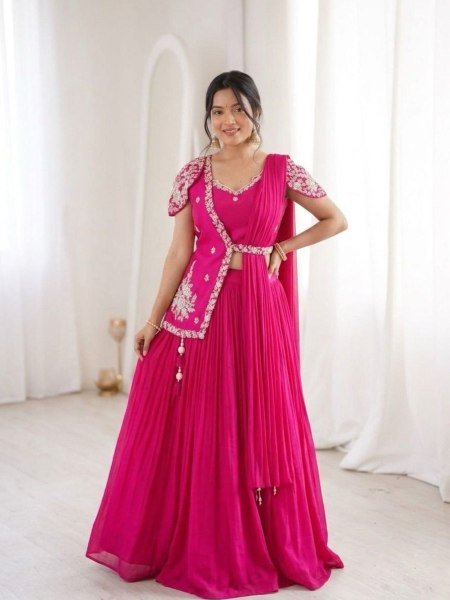 Modish Pink Embroidery Work Lehenga Choli with Jacket for Women  Lehenga