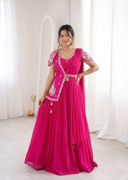 Modish Pink Embroidery Work Lehenga Choli with Jacket for Women Designer Lehenga Choli