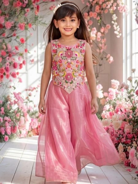 Modish Pink Girls Twill Net Sharara Kurta Set with Embroidery Work for Festival 