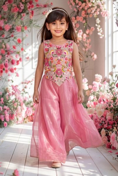 Modish Pink Girls Twill Net Sharara Kurta Set with Embroidery Work for Festival Girls Wear